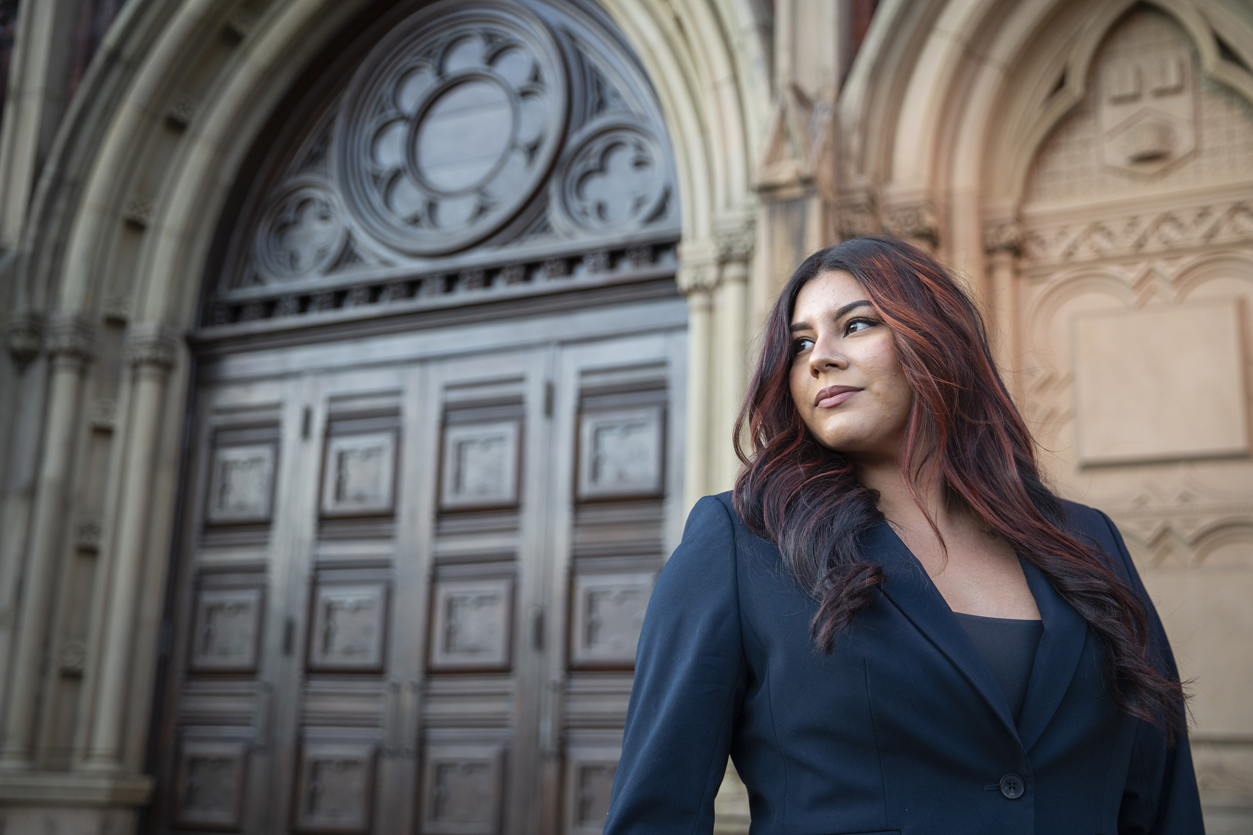 Vanessa Valverde in front of Memorial Hall.