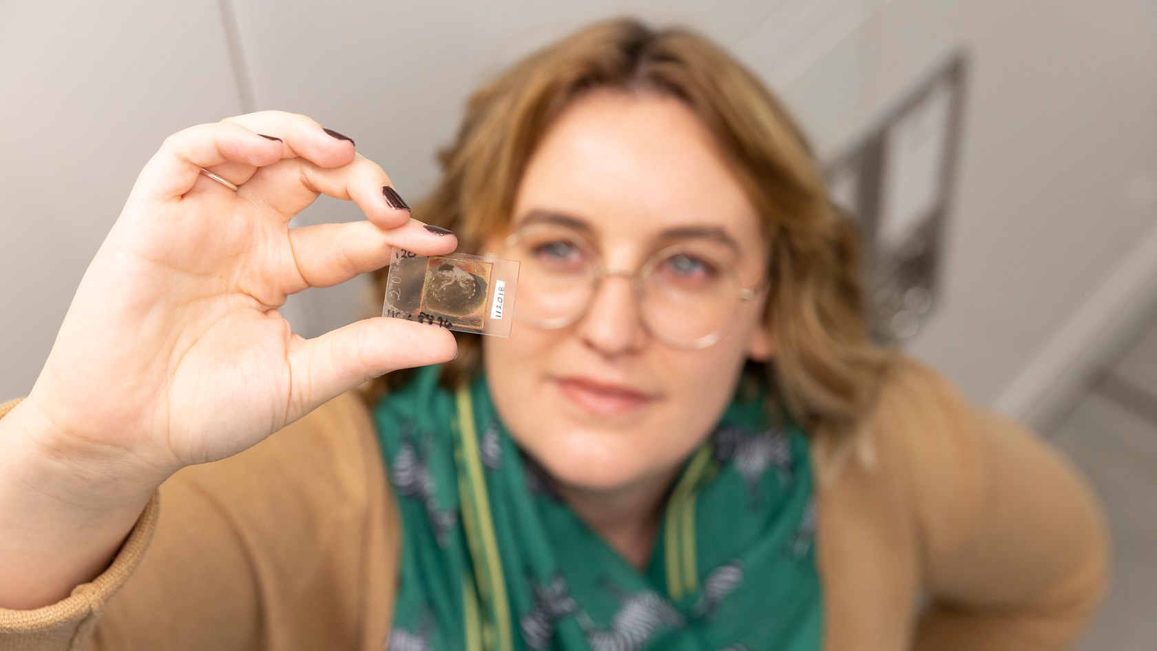 Sarah Losso (pictured) holds up a trilobite glass slide.