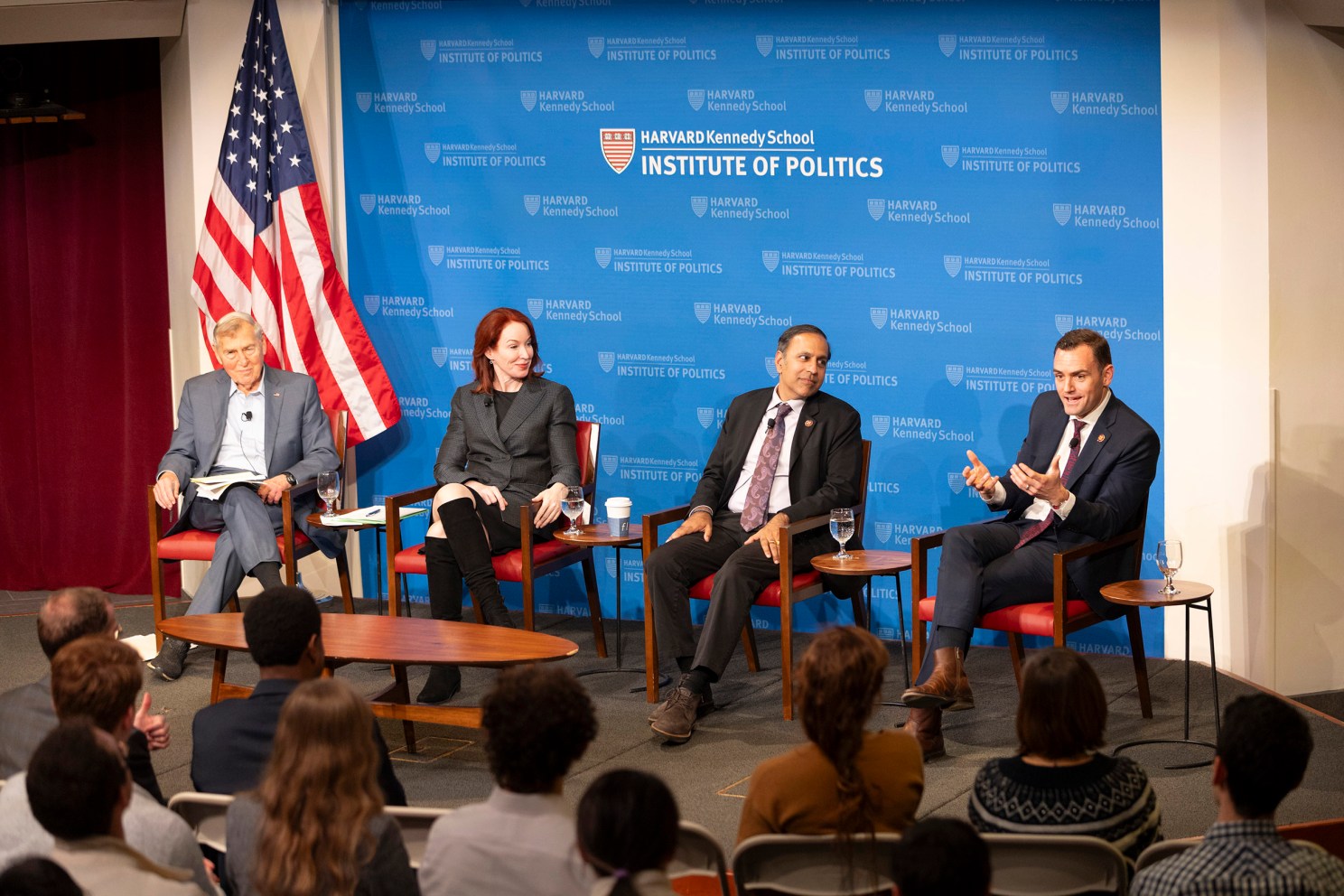 Graham Allison (from left), Meghan O’Sullivan, Rep. Raja Krishnamoorthi, and Rep. Mike Gallagher  at the Kennedy School.