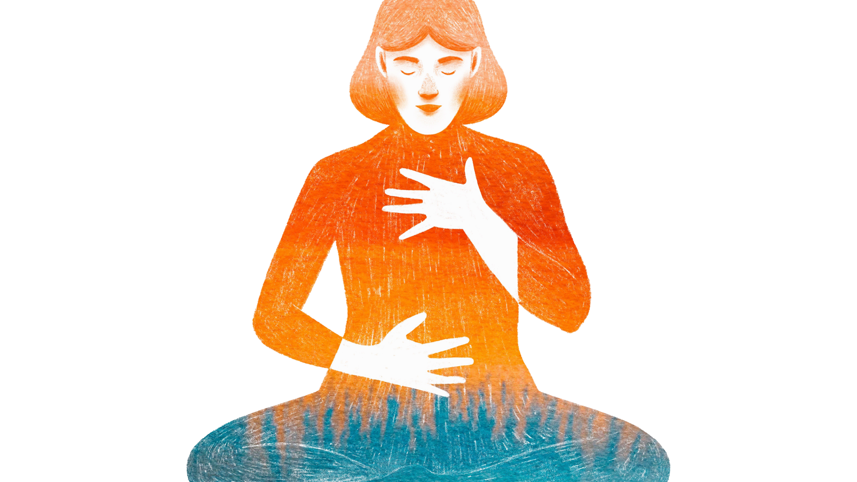 Illustration of a person holding chest and stomach while in lotus position.