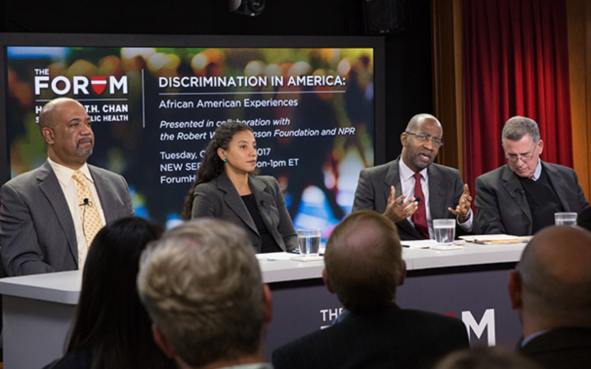 Panelists in last week's Chan School Forum "Discrimination in America: African American Experiences," were Dwayne Proctor (from left), Elizabeth Hinton, David Williams, and Robert Blendon.