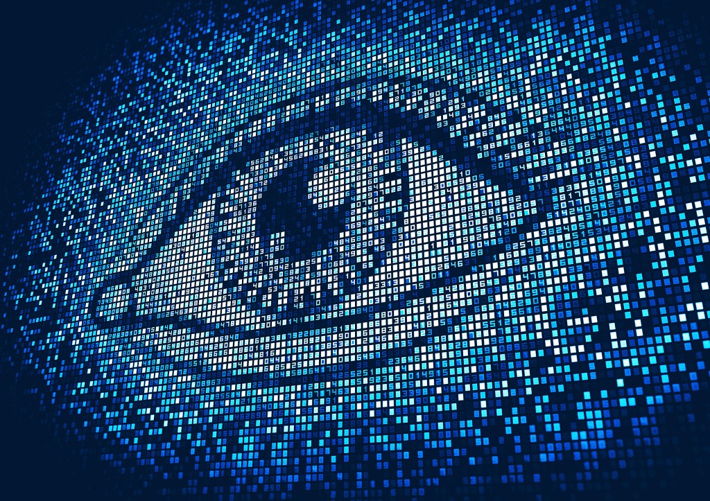 Eye lit up on digital display screen.