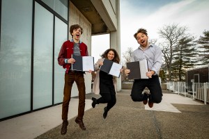 David Shayne, from left, Juliana Rodriguez, and Trevor Levin, senior concentrators in Social Studies handed in their thesis on "Thesis Day."