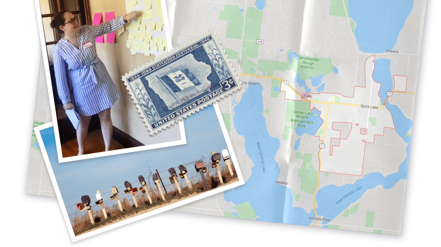 Madelyn standing in front of a whiteboard during a legal design workshop; Iowa statehood commemorative stamp; a row of mailboxes in rural Iowa