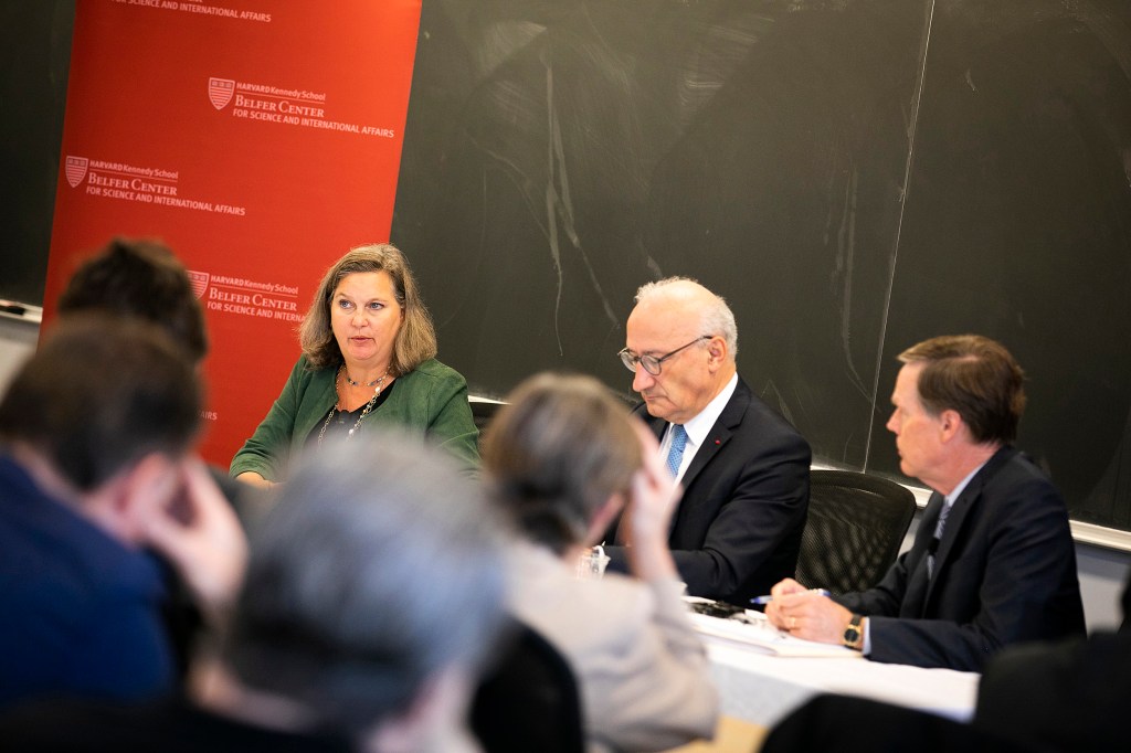 Former Ambassador Victoria ("Toria") Nuland speaks during an event with Ambassador of France to the United States Philippe Etienne moderated by Nicholas Burns.