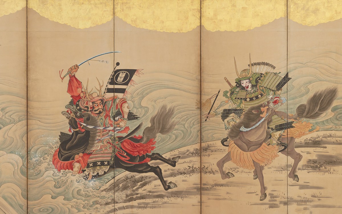 Japanese screen depicts warriors crossing river on horseback.