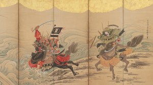 Japanese screen depicts warriors crossing river on horseback.