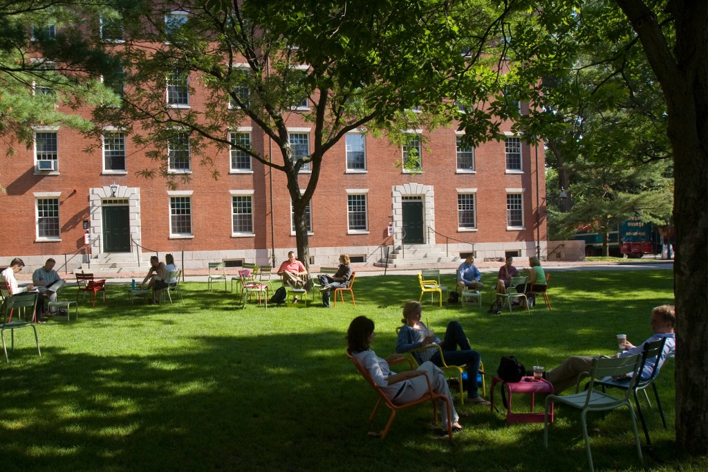 Harvard Yard with people sitting in chairs.