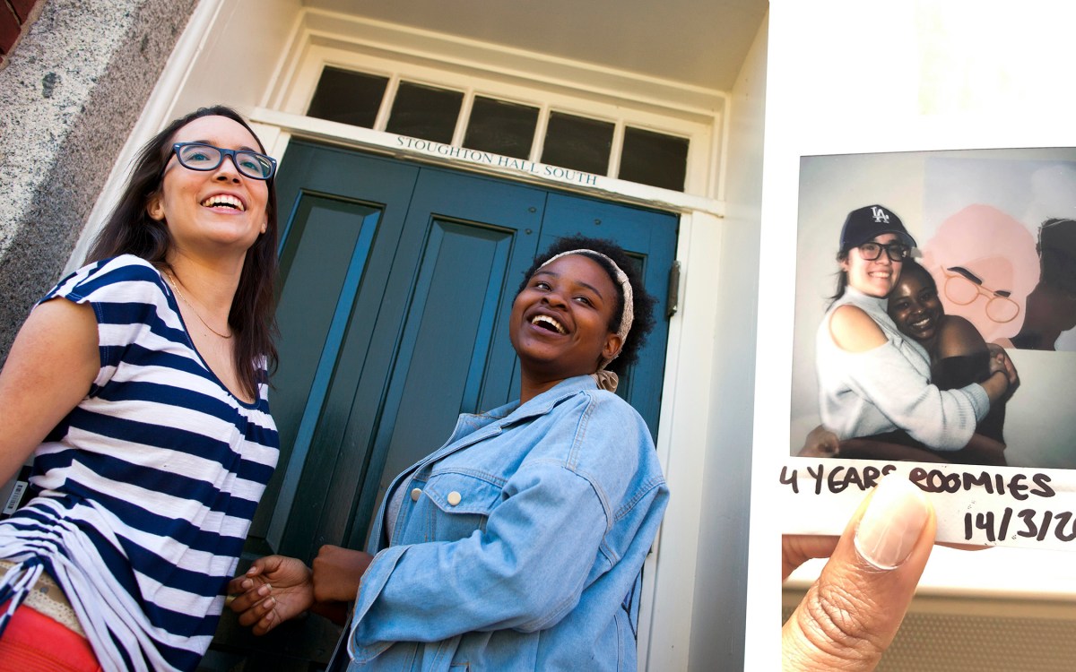 Roommates Tatiana Patino and Walburga Khumalo are pictured as first-year students and then as seniors before they move off campus.