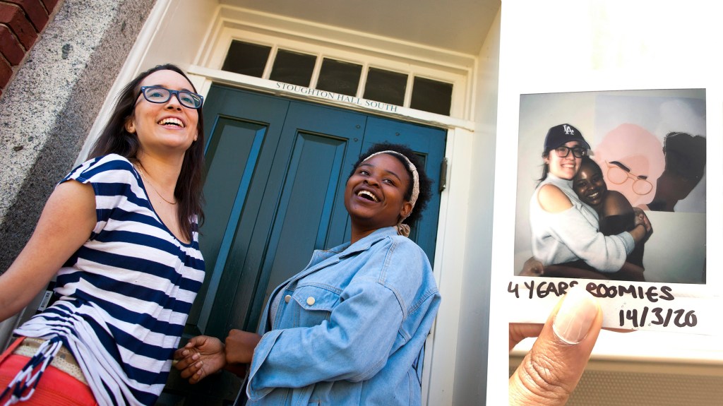 Roommates Tatiana Patino and Walburga Khumalo are pictured as first-year students and then as seniors before they move off campus.