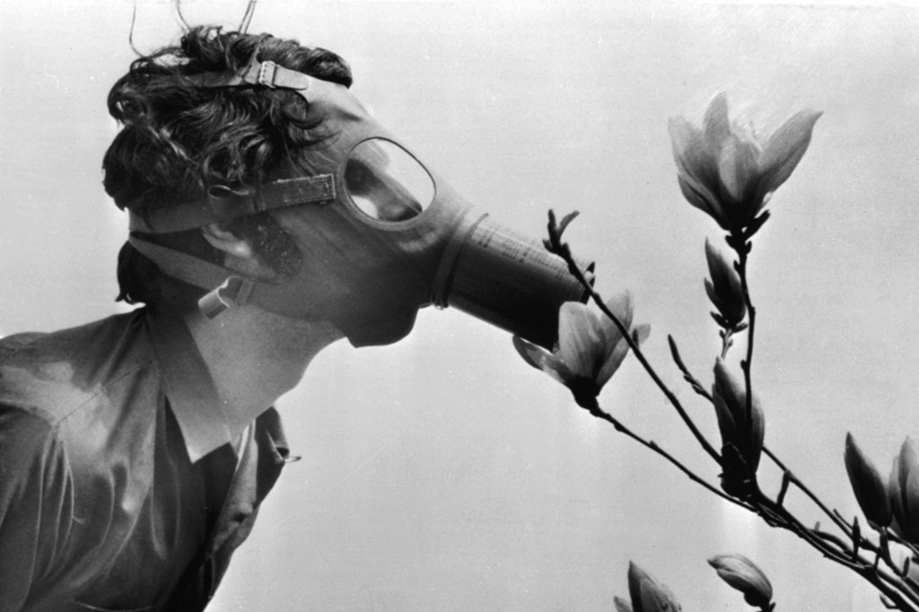 Student in gas mask "smalls" a flower in New York on the first Earth Day.