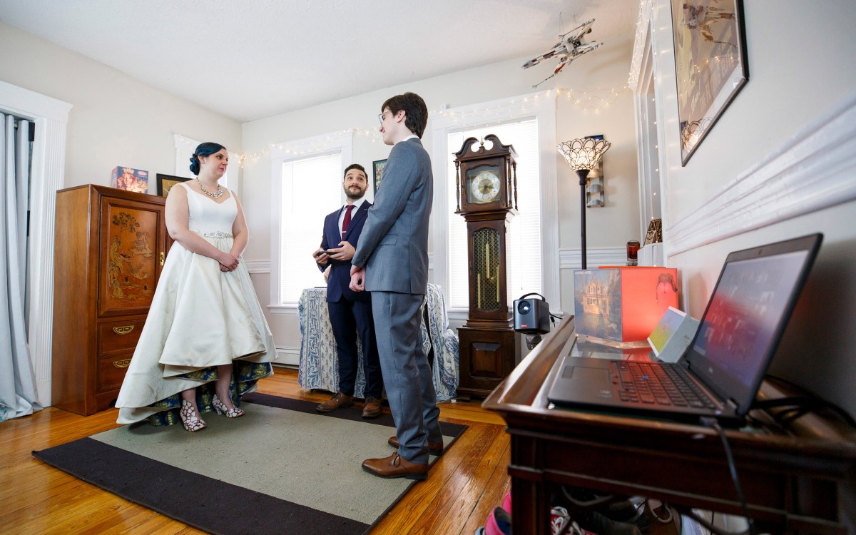 Lisa Albert and Matthew Tuttle at their Zoom wedding.