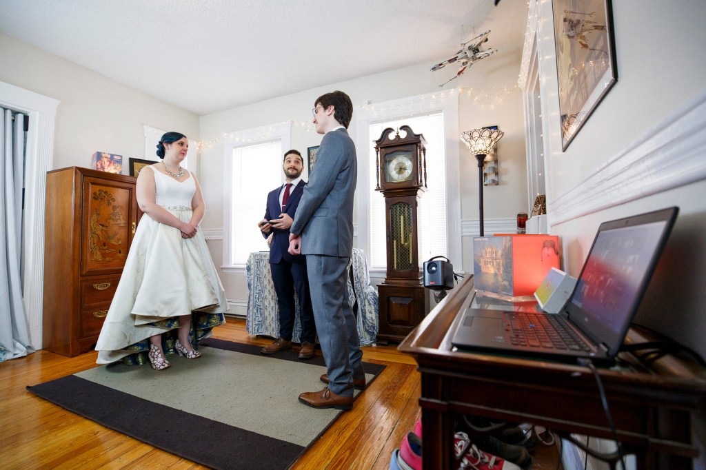 Lisa Albert and Matthew Tuttle at their Zoom wedding.