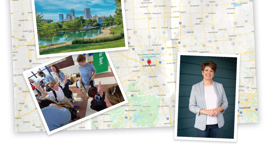 Collage of map and photo of Indiana, photo of Angie Hicks, and photo of children in a classroom