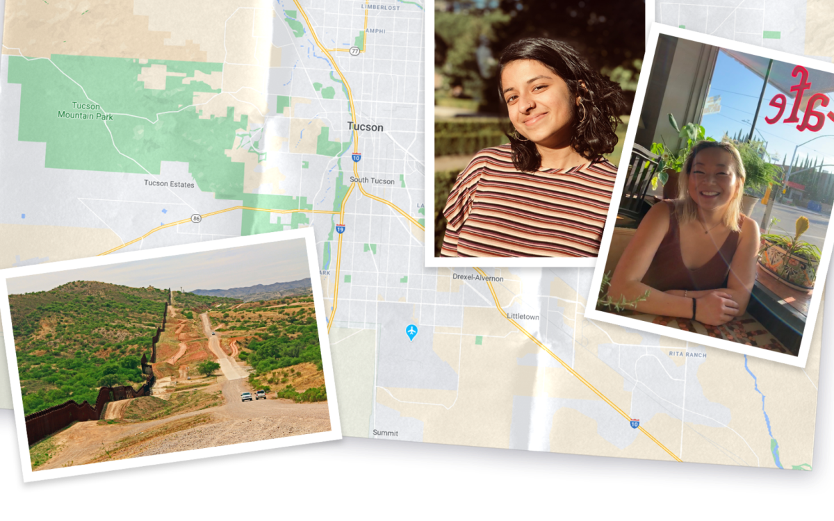 Collage of map and images of Arizona and photo of Vivekae Kim and Meena Venkataramanan