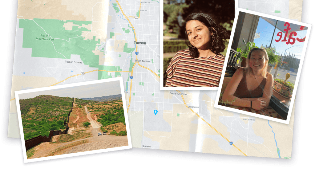 Collage of map and images of Arizona and photo of Vivekae Kim and Meena Venkataramanan