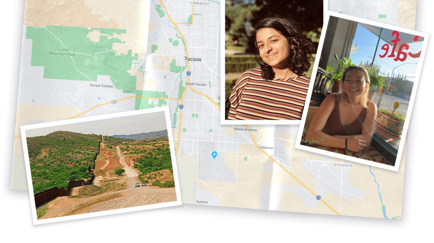 Collage of map and images of Arizona and photo of Vivekae Kim and Meena Venkataramanan