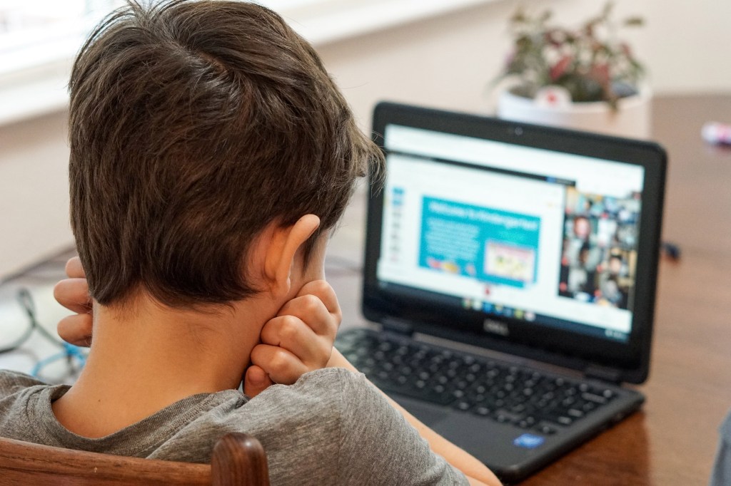 Child looking at computer.