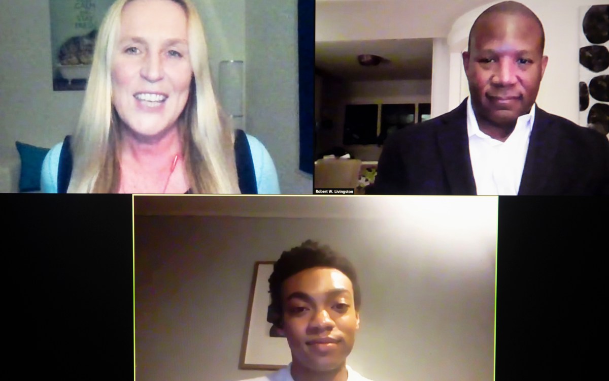 Zoom screenshot with Robert Livingston, Iris Bohnet, and Jacob Blair.