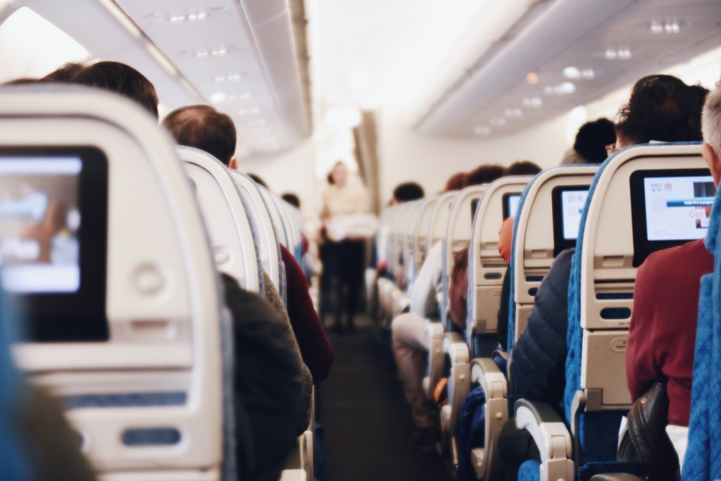 The back of airplane seats.