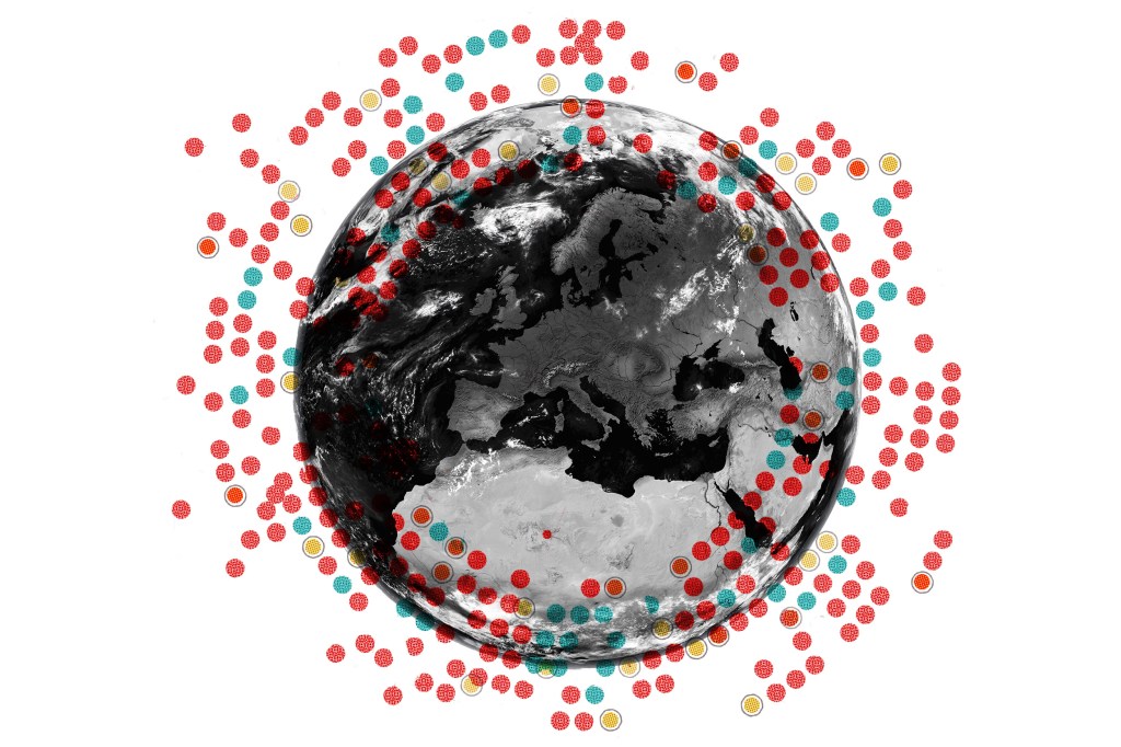 Illustration of blood types and the world.