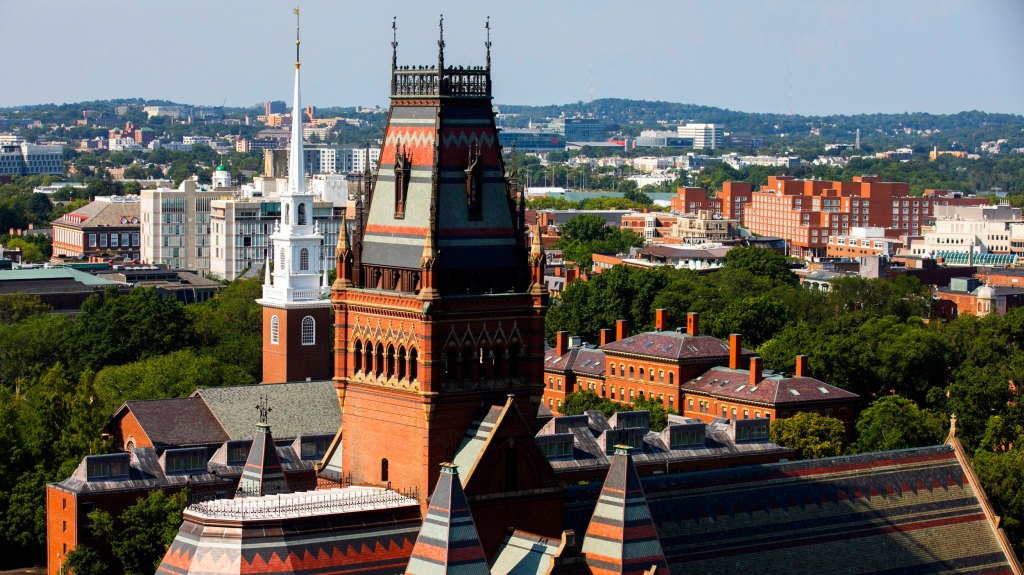 Memorial Hall and Memorial Church are pictured from above.