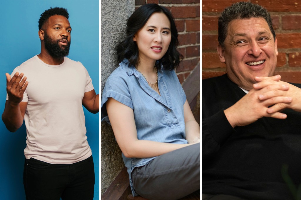 Harvard alums Baratunde Thurston (from left), Celeste Ng, and Lance Morgan