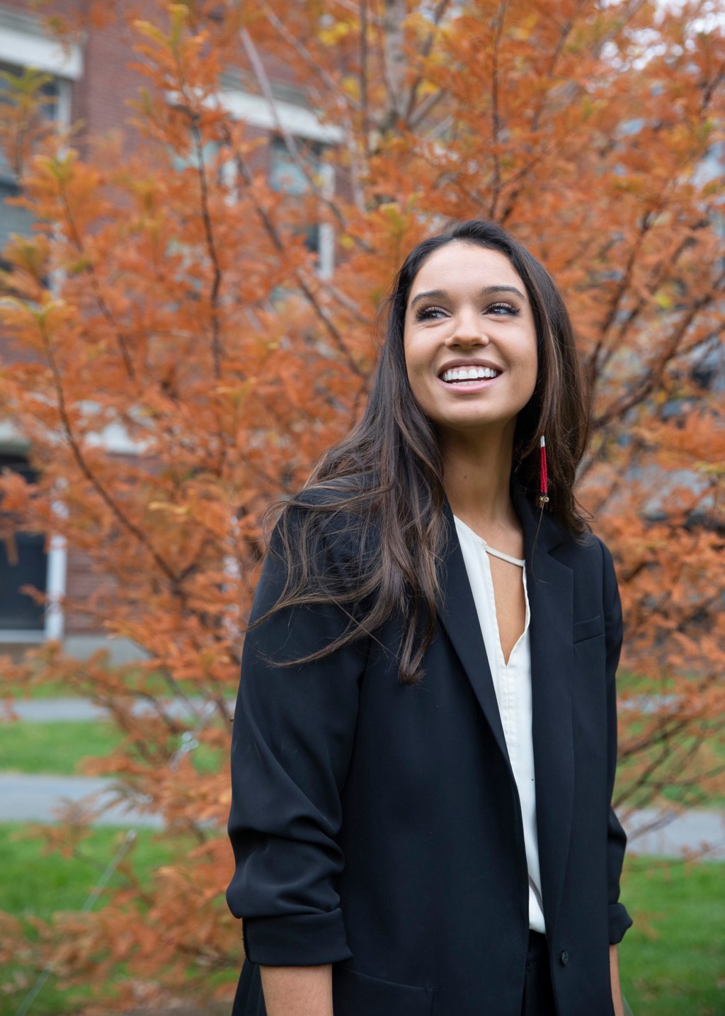 Samantha Maltais outside Pierce Hall..