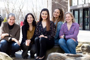 Elizabeth Guo, Samantha C.W. O’Sullivan, Melissa Franklin, Cora Dvorkin, and Jenny Hoffman pose together outside the Science Center.