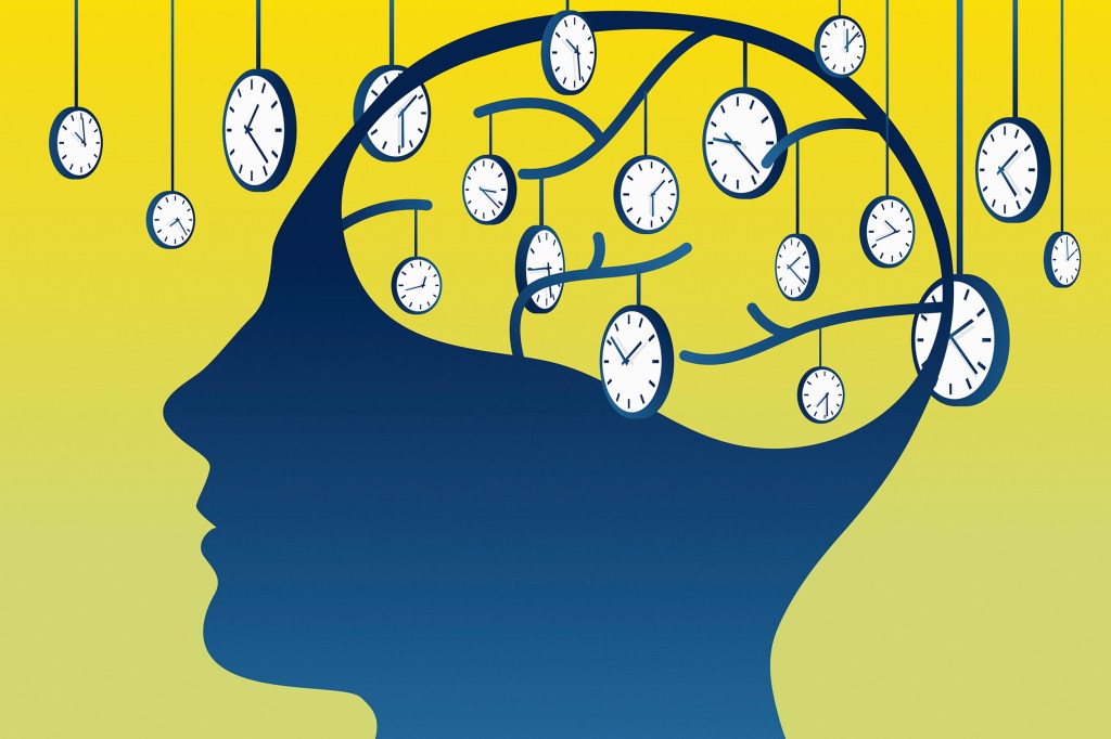 Illustration of person considering different clocks.