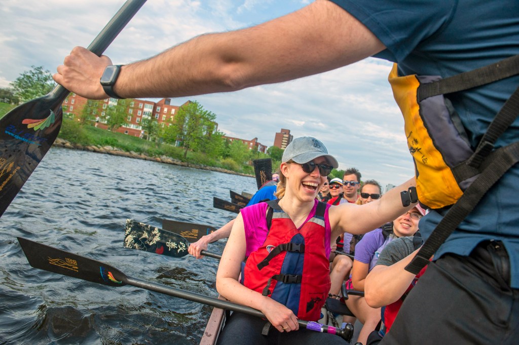 Benika Pinch paddles during Harvard Dragon Boat practice on the Charles River.