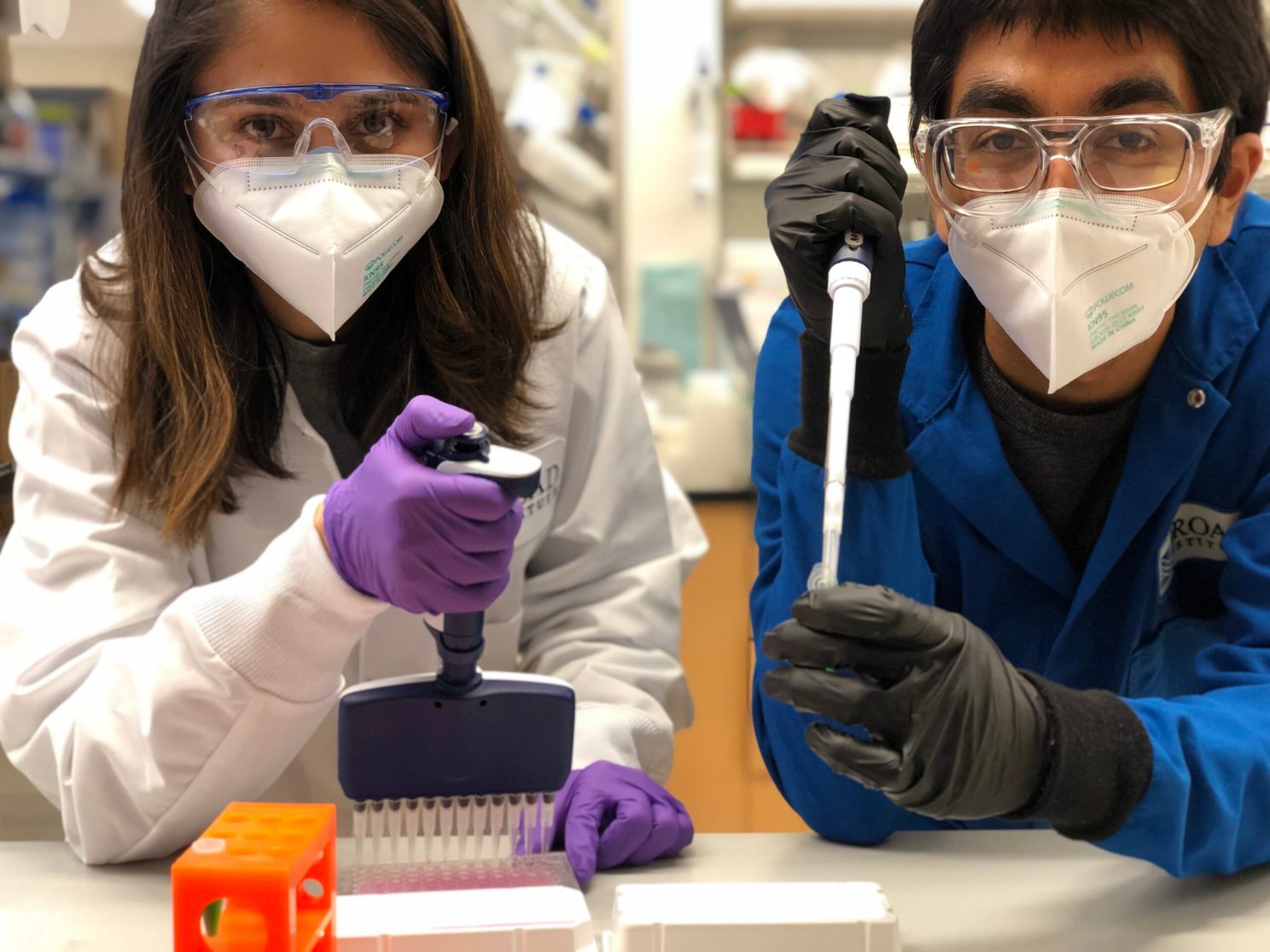 Two chemists in lab coats and safety gear experiment in the Liu Lab