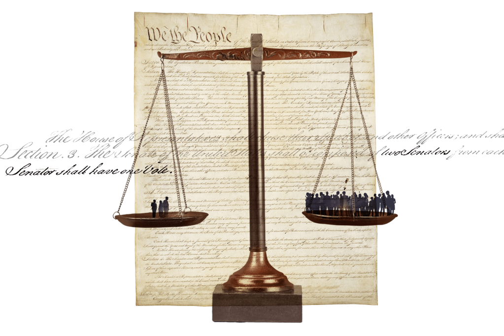 Collage of Constitution and disproportionate voting power.