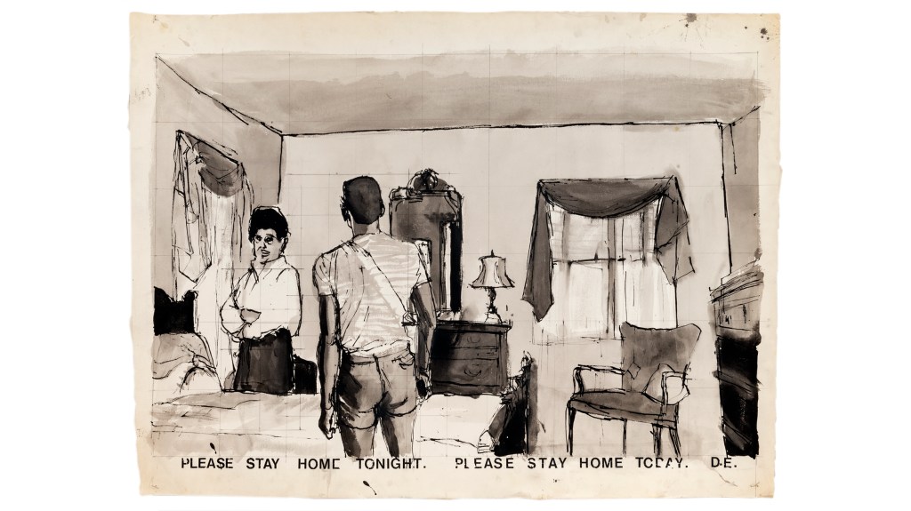 "Please Stay Home" drawing by Darrel Ellis depicting couple in bedroom.