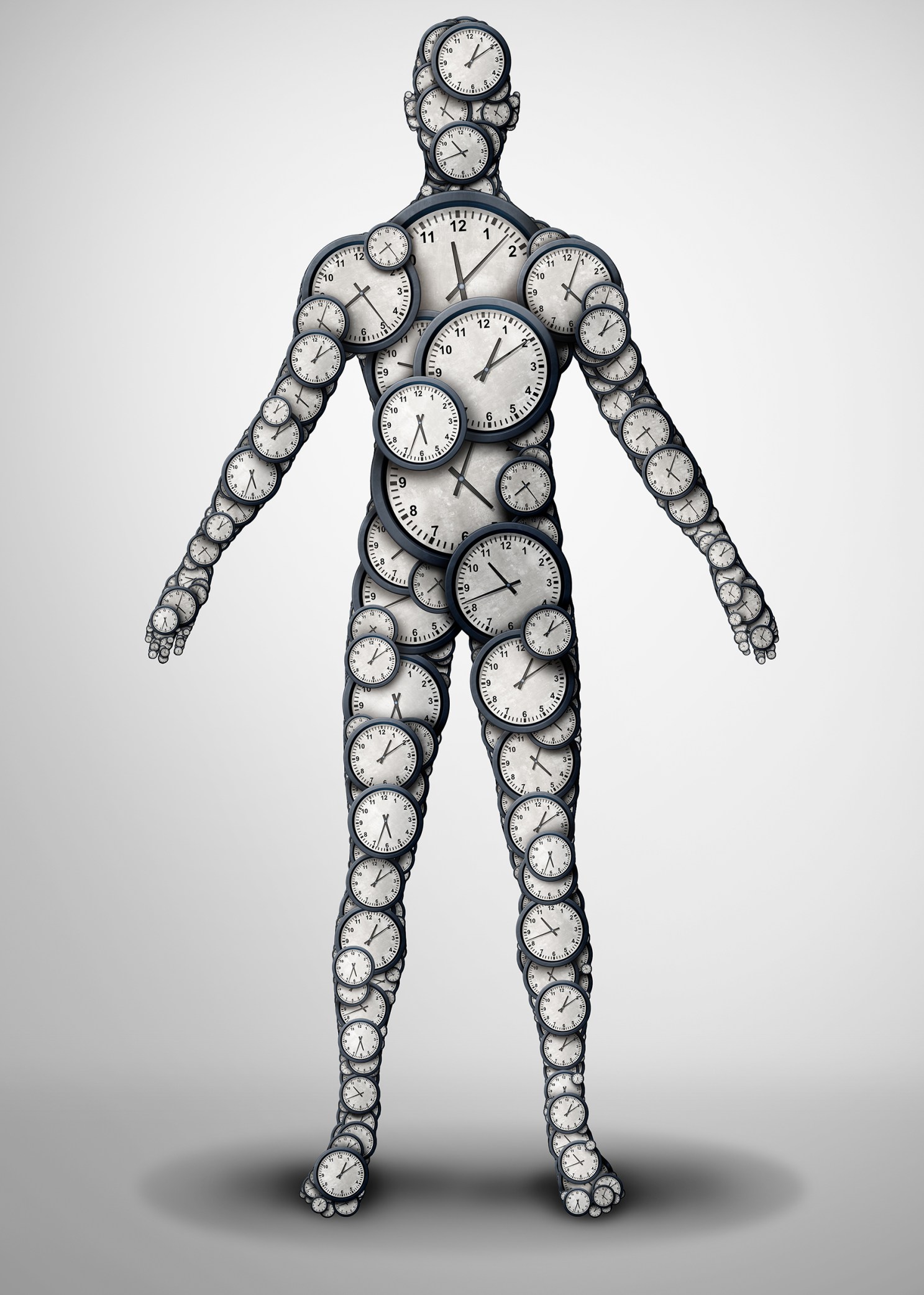 Illustration of person made up of clocks.