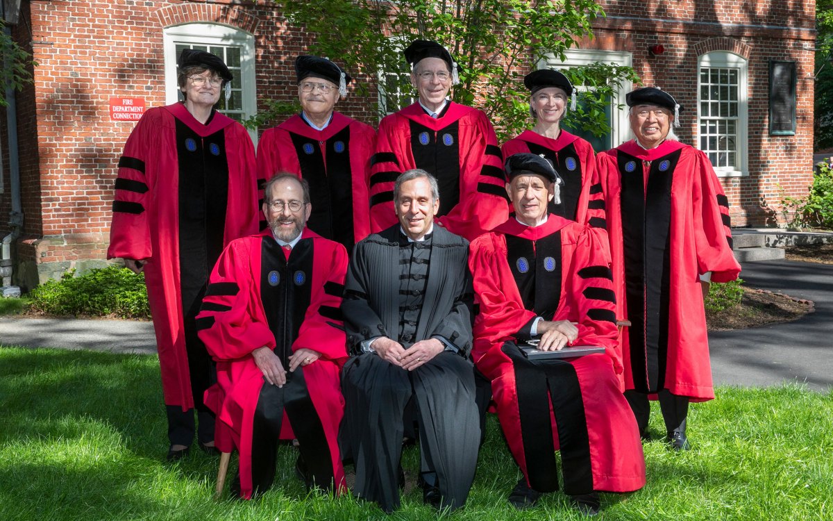 Honorands Katalin Karikó (clockwise from top left), David Levering Lewis, Michael Mullen, Jennifer Doudna, Hugo Noé Morales Rosas, and Tom Hanks join President Larry Bacow and Provost Alan Garber.