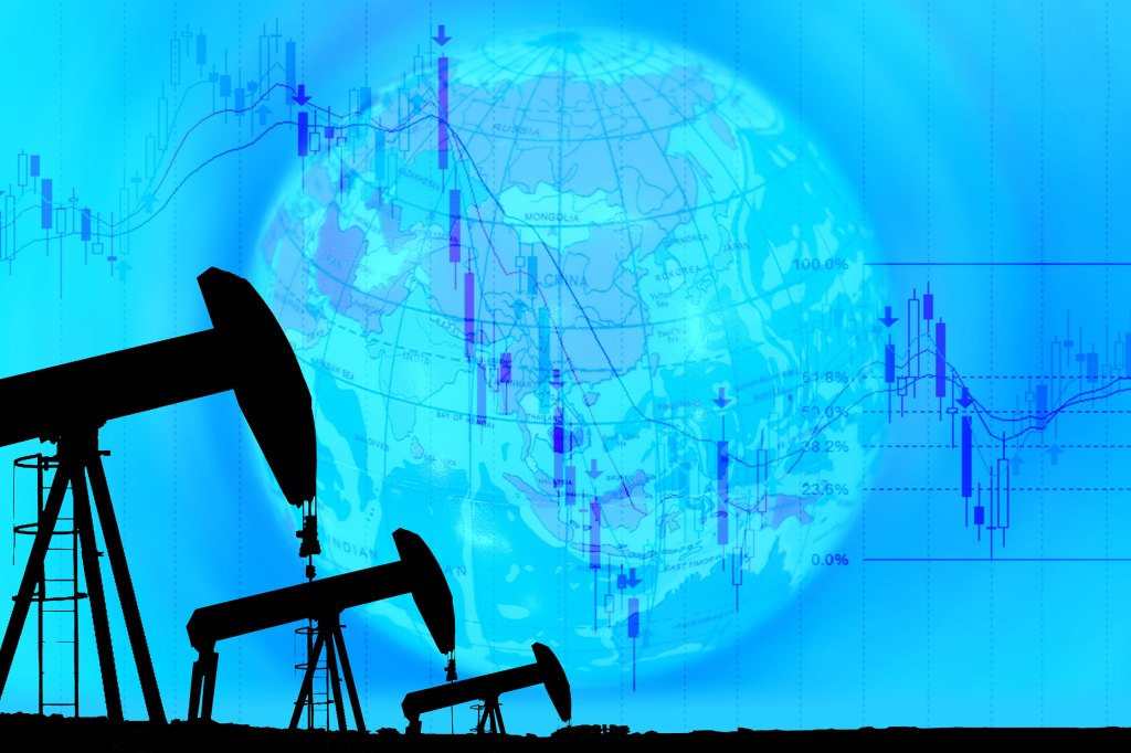 Illustration of oil rigs with globe in background.