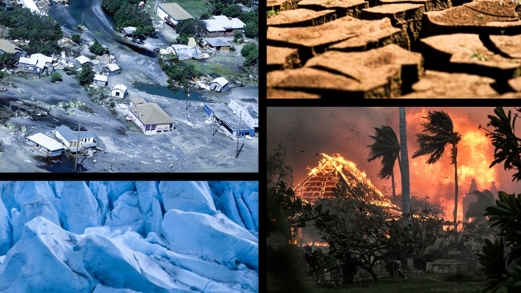 Collage of hurricane flooding, drought, wildfires, and melting glaciers.