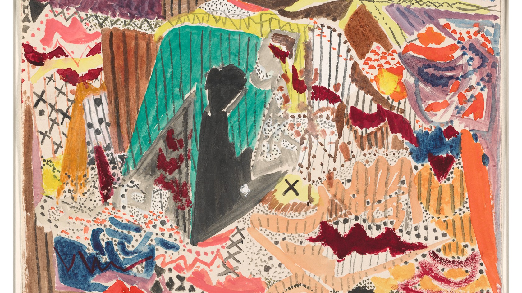 Bright colorful watercolor collage by Louise Rösler called "The Shop Window."