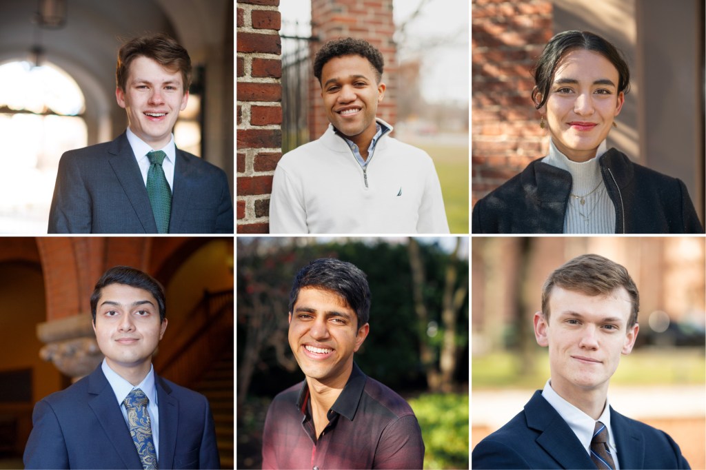 Marshall scholars Alexander Dyer, Ronald Sullivan III, Eleanor Wikstrom, Richard Allen, Simar Bajaj, and Sarosh Nagar.