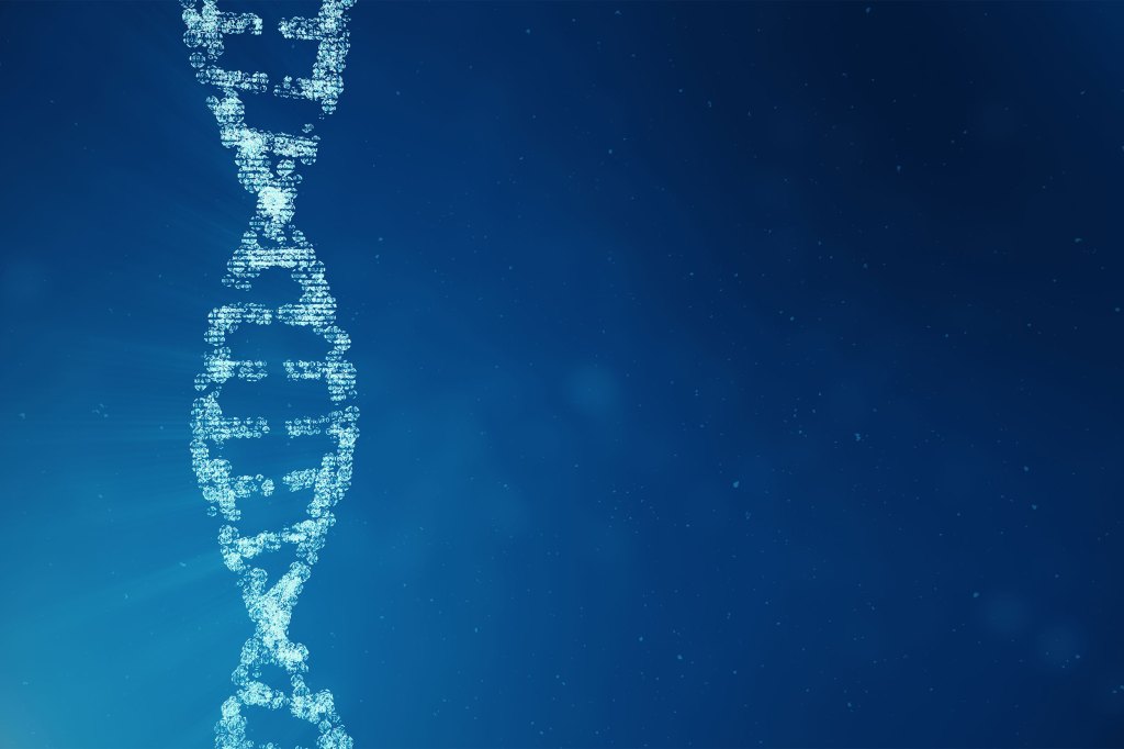 DNA molecule with modified genes, 3D illustration.