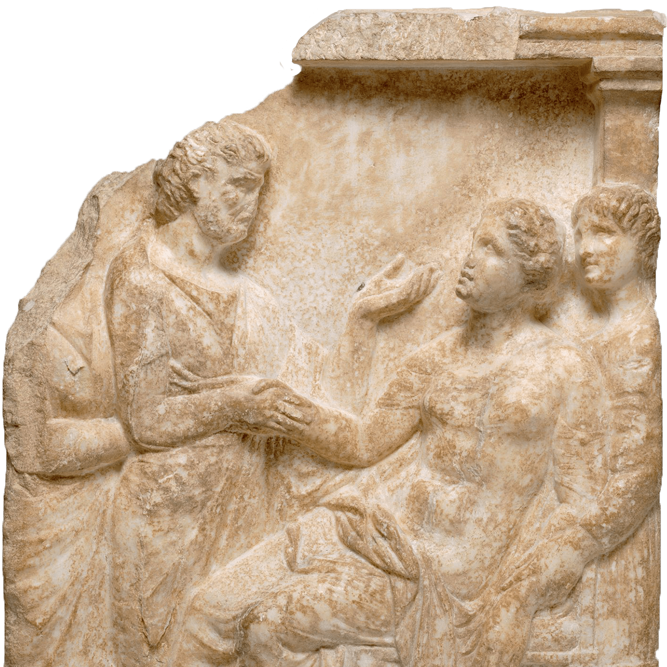 Marble sculpture depicts woman giving birth comforted by people around her.