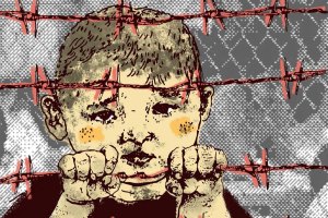 Illustration of a child behind barbed wire.