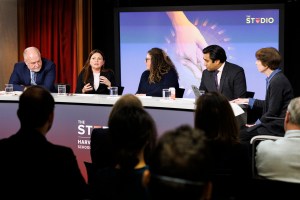 Andrew Scott (from left), Marisol Amaya, Caitlin Coyle, and Ashwin Vasan discuss the topic with moderator Kay Lazar in The Studio.