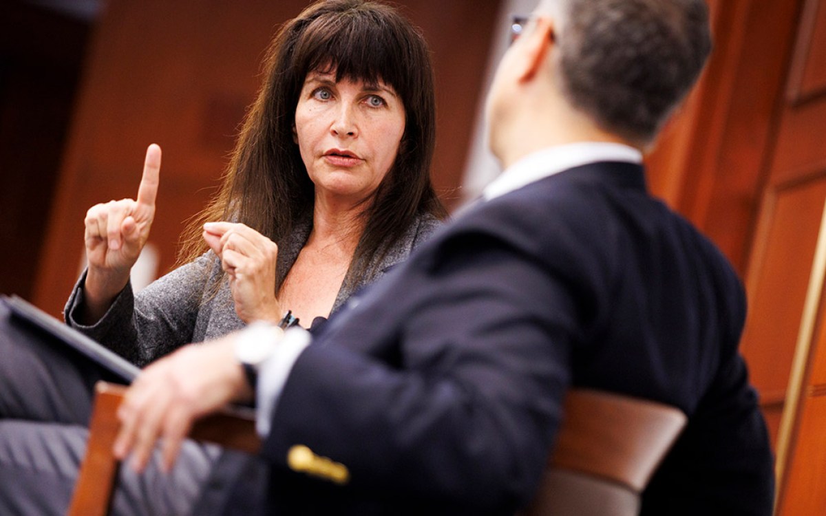 Einat Wilf (left), former Knesset member, speaks with Tarek Masoud at Harvard Kennedy School.