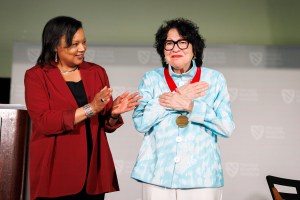 Radcliffe Dean Tomiko Brown-Nagin (left) presents Associate Justice of the U.S .Supreme Court Sonia Sotomayor with the Radcliffe Medal.