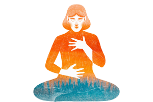 Illustration of a person holding chest and stomach while in lotus position.