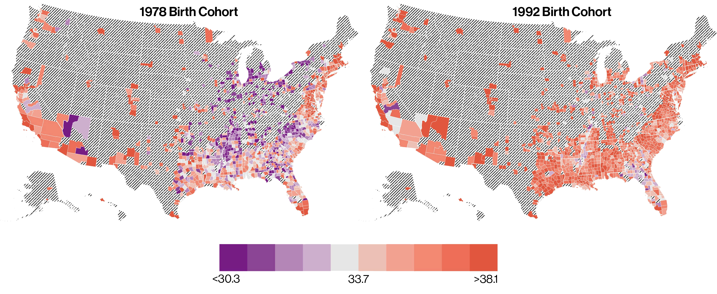 Heat maps showing income mobility increased for black children born in 1992 vs those born in 1978.