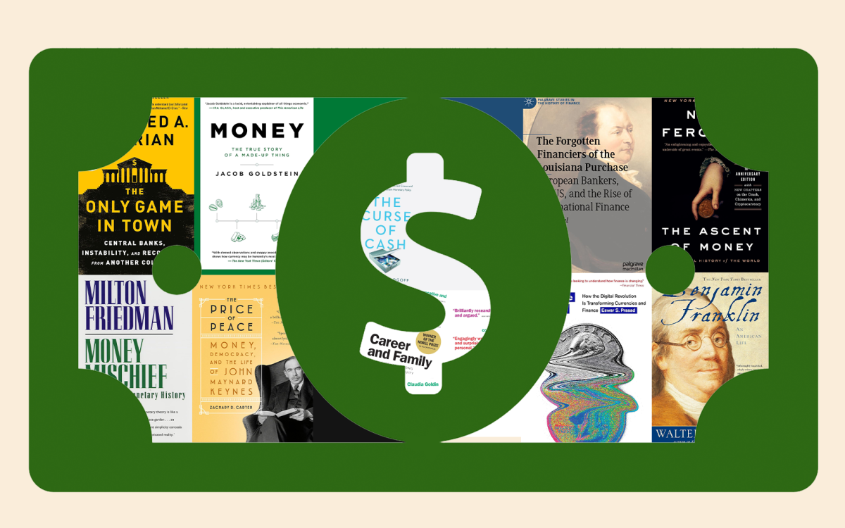 Collage of book covers about money.