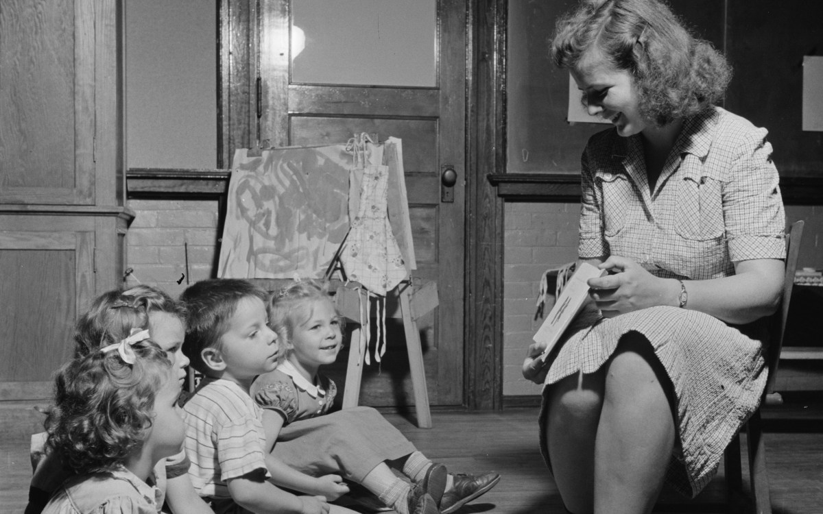 Story hour at a 1940s childcare center in Connecticut.